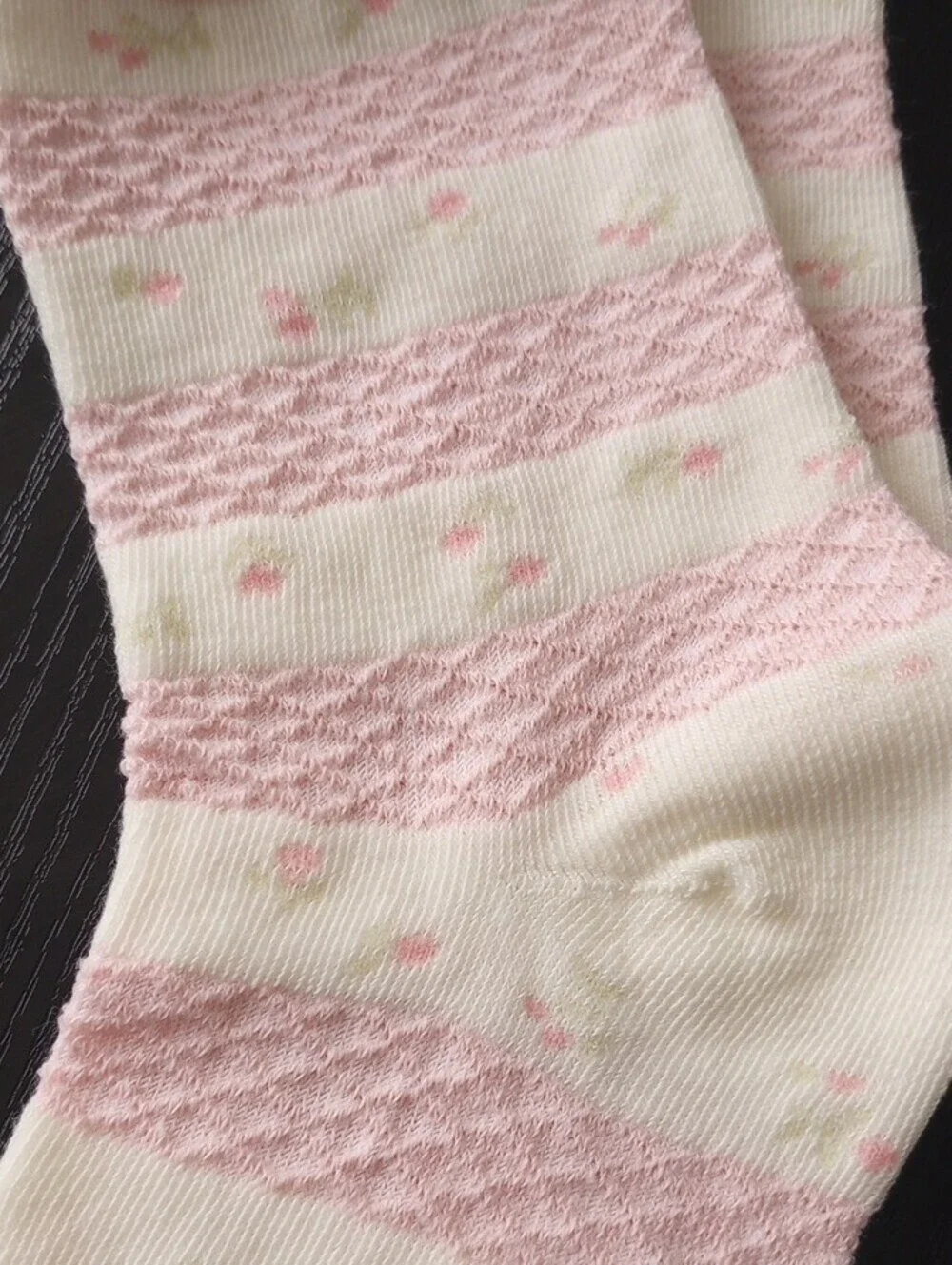 Pastel Pink & Cream Floral Striped Crew Ankle Socks